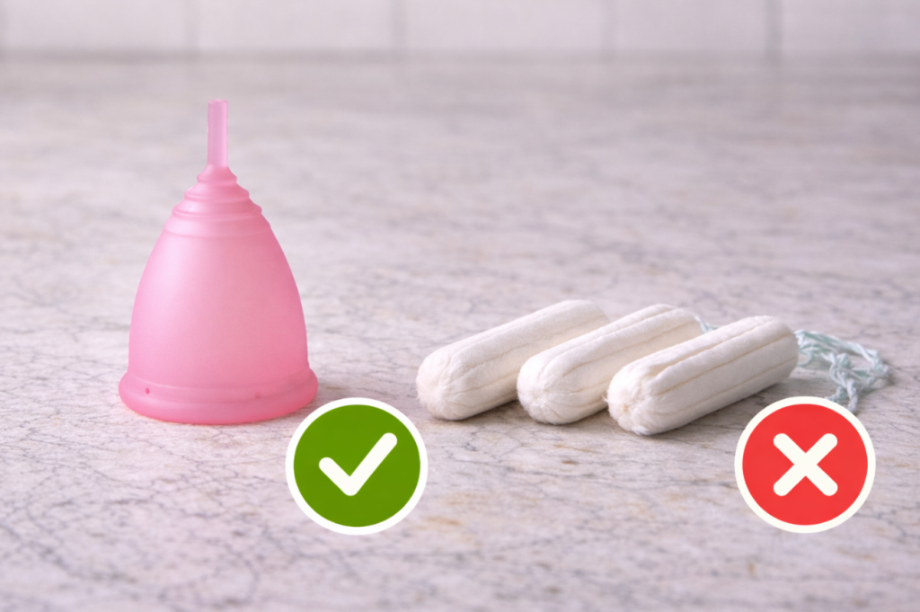Comparison image featuring a pink reusable silicone menstrual cup with a green checkmark beside it, and a row of disposable tampons with a red X, illustrating a sustainable alternative to single-use period products.