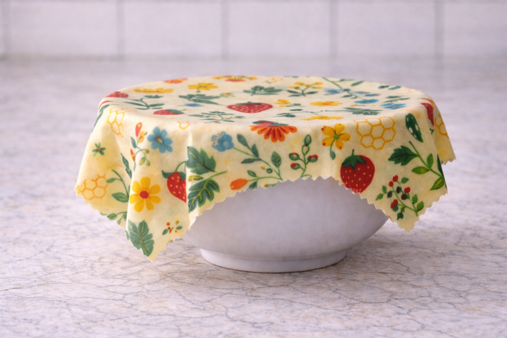 White ceramic bowl sitting on a light marble counter, covered with a colorful patterned beeswax wrap featuring strawberries, flowers, and leaves, neatly draped over the top.
