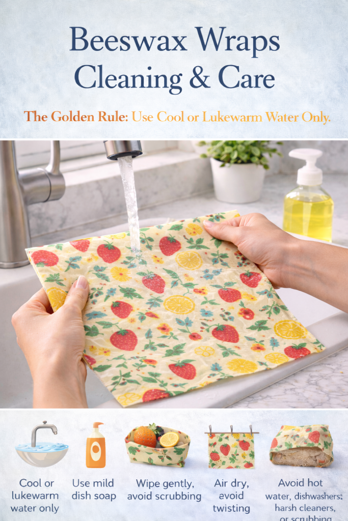 Informational graphic titled “Beeswax Wraps Cleaning & Care” showing hands rinsing an unfolded beeswax wrap under cool running water, with icons and text explaining proper care steps such as using mild soap, wiping gently, air drying, and avoiding hot water.