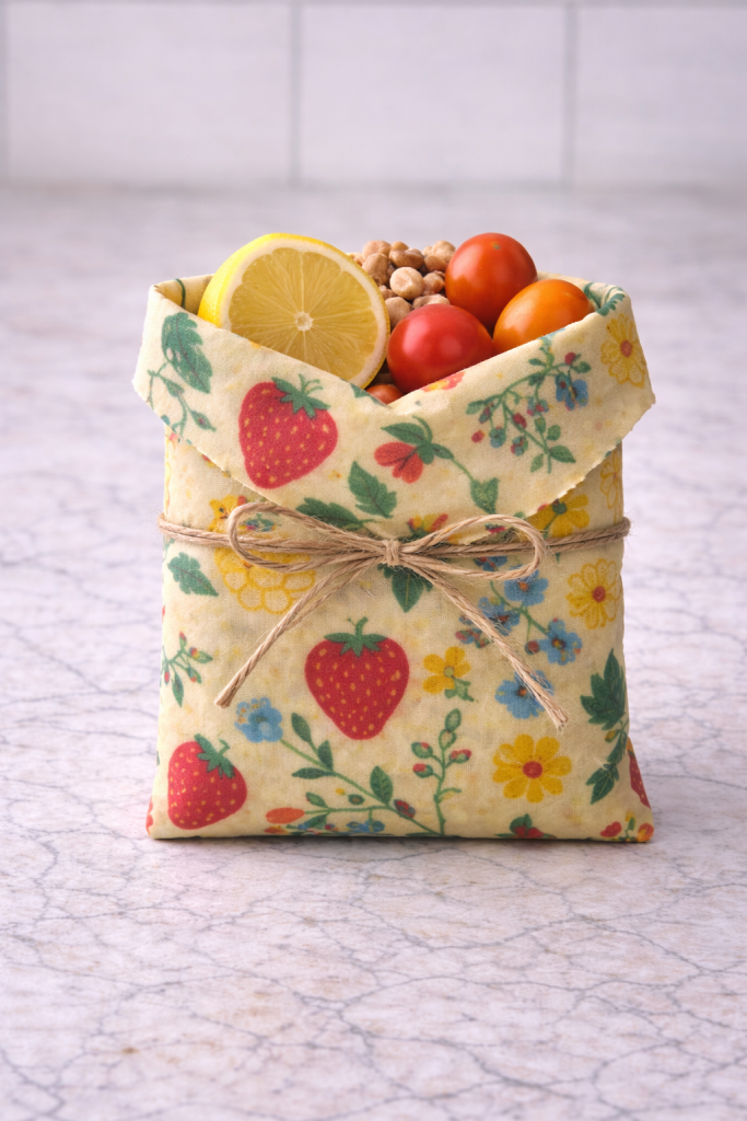 Reusable beeswax wrap folded into a small pouch and tied with twine, holding cherry tomatoes, mixed nuts, and a slice of lemon on a marble countertop.