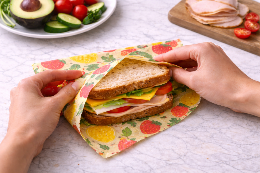 Close-up of hands folding a bright floral beeswax wrap directly over a turkey and cheese sandwich on a marble kitchen counter, showing the wrap neatly enclosing the food.
