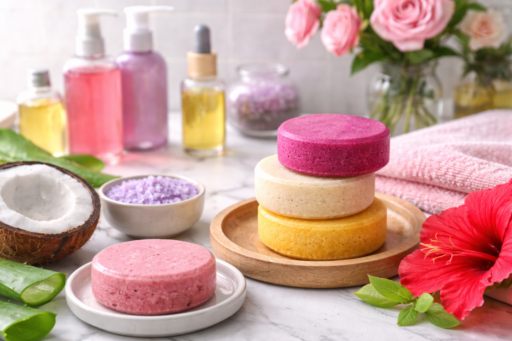 Sulfate-free shampoo bars for color-treated hair displayed with natural oils and botanical ingredients, highlighting pH-balanced, plastic-free hair care designed to protect color vibrancy and prevent fading.