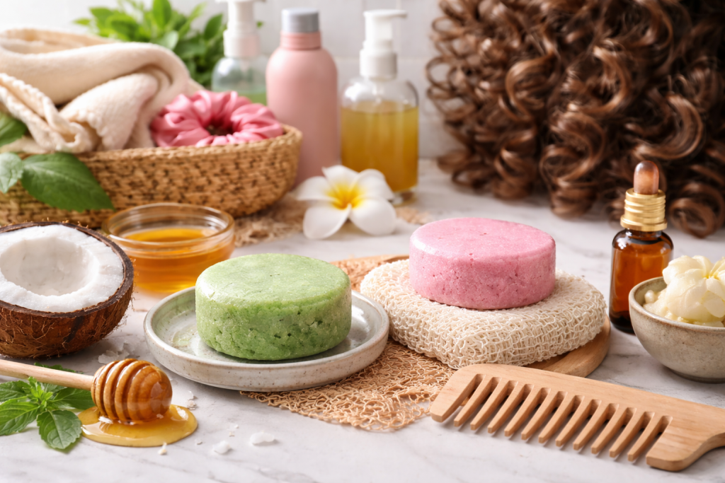 Moisturizing shampoo bars for curly and coily hair displayed with natural ingredients like coconut, honey, and oils, highlighting plastic-free hair care designed to enhance curl definition and reduce frizz.