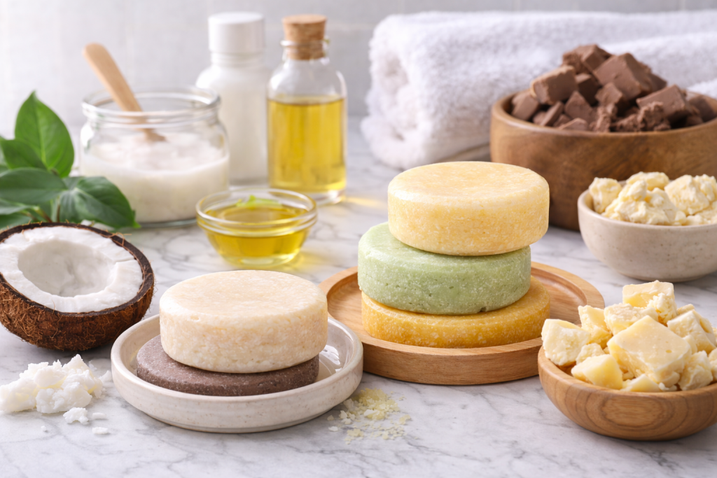 Moisturizing shampoo bars for dry hair displayed with shea butter, cocoa butter, and coconut oil, highlighting nourishing plastic-free hair care that delivers intense hydration.