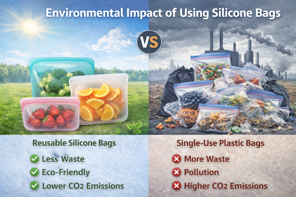 Infographic comparing the environmental impact of reusable silicone food storage bags versus single-use plastic bags, highlighting reduced waste, lower CO2 emissions, and eco-friendly benefits compared to plastic pollution and landfill waste.