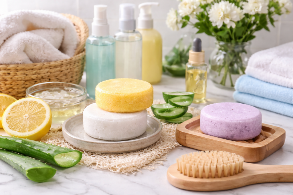 Lightweight shampoo bars for fine and thin hair displayed with aloe vera, lemon, and natural ingredients, highlighting volumizing, clarifying plastic-free hair care designed to add body without weighing hair down.