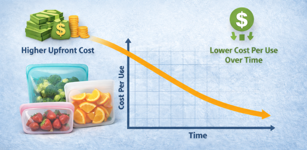 Infographic showing the long-term cost savings of reusable silicone food storage bags, illustrating higher upfront investment but dramatically lower cost per use over time compared to disposable plastic bags.
