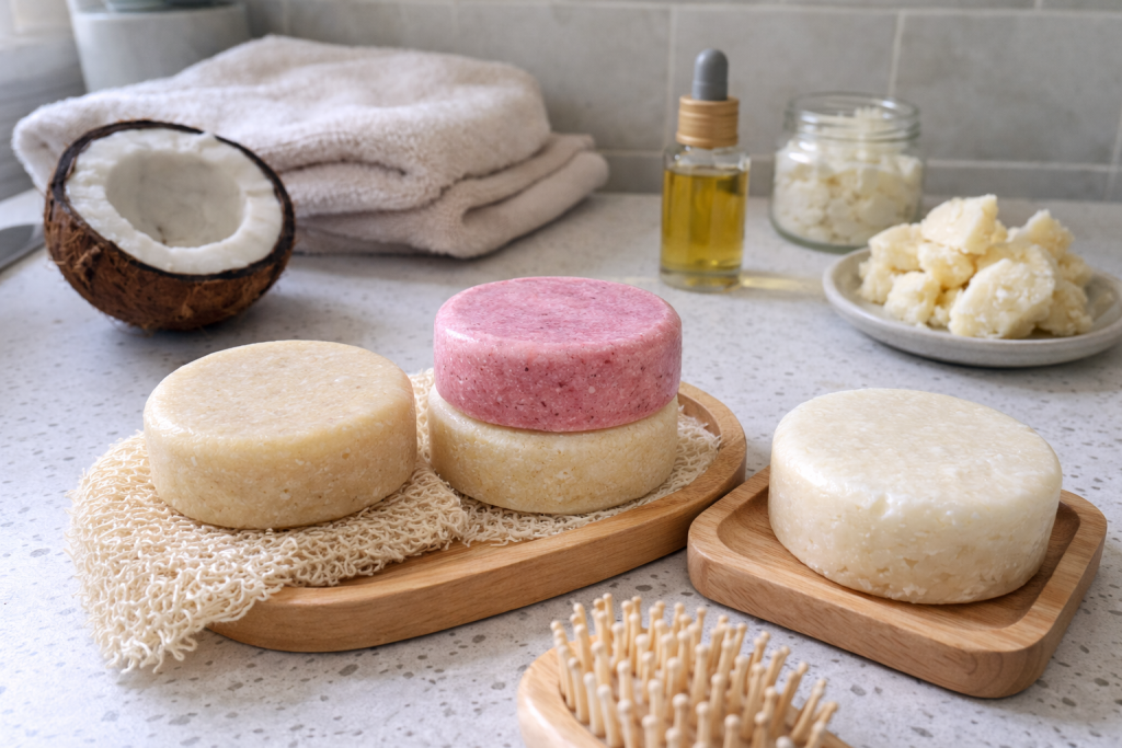 Clarifying shampoo bars for oily scalps featuring charcoal, tea tree oil, and apple cider vinegar ingredients, showcasing plastic-free hair care that balances oil production and deeply cleanses the scalp.