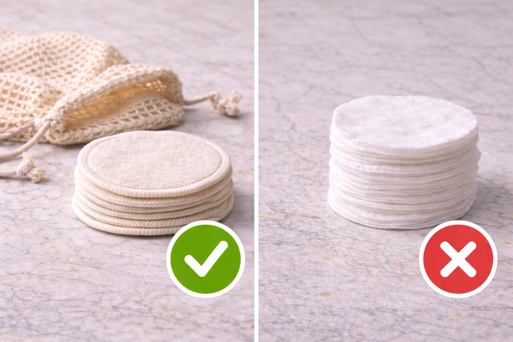 Split comparison image showing reusable cotton makeup remover pads stacked next to a cloth storage bag with a green checkmark, and disposable cotton rounds stacked on the other side with a red X, highlighting sustainable versus single-use options.