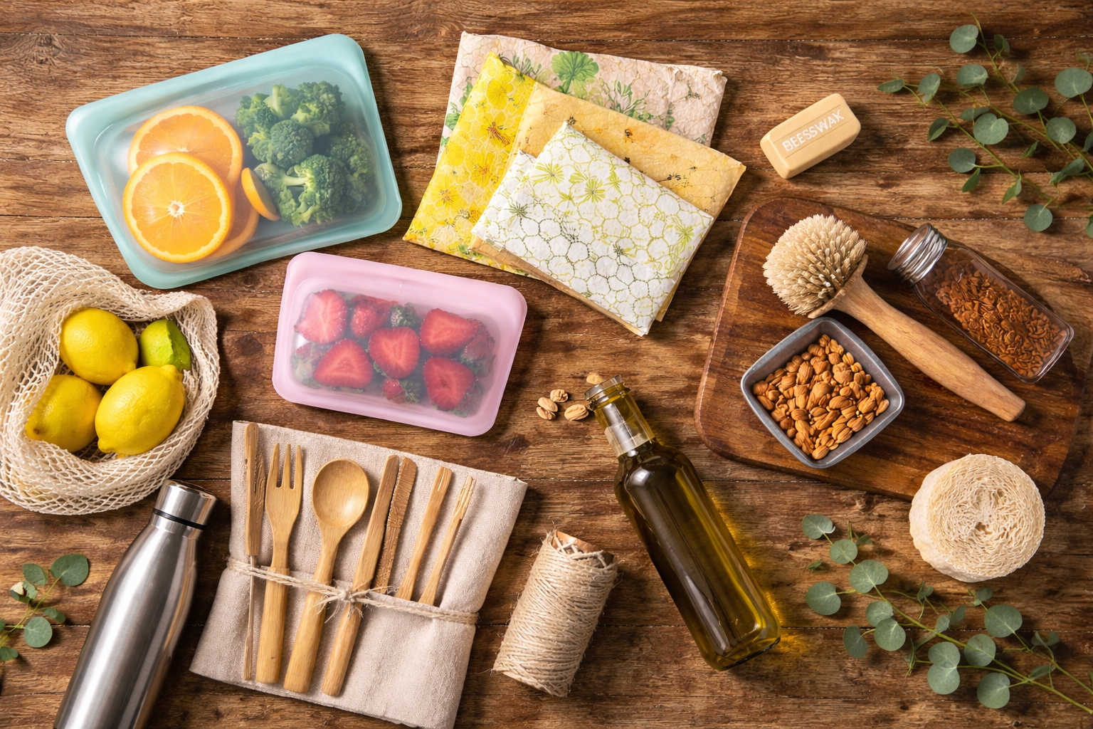 Flat lay photo of reusable kitchen items on a wooden table, including silicone food bags, beeswax wraps, and bamboo utensils.