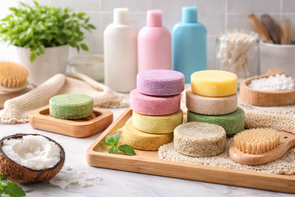 Collection of eco-friendly shampoo bars arranged in a zero-waste bathroom setting with natural materials, highlighting sustainable plastic-free hair care as an alternative to bottled shampoo.