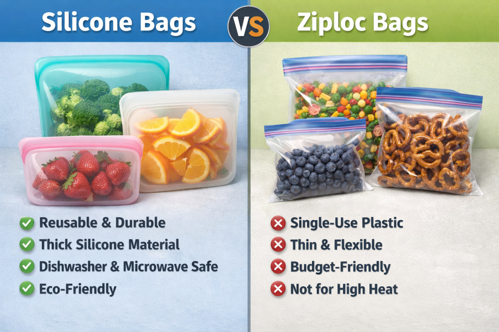 Side-by-side comparison of reusable silicone food storage bags and disposable Ziploc plastic bags, highlighting durability, eco-friendly benefits, heat resistance, and long-term sustainability versus thin single-use plastic storage bags.