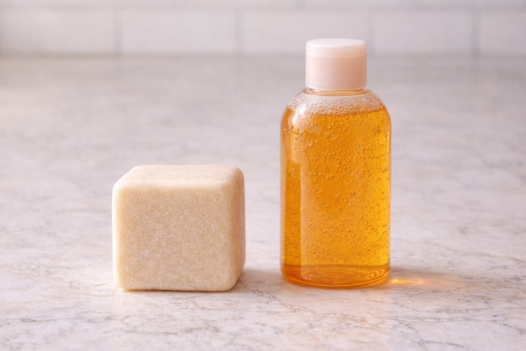 Side-by-side comparison of a solid shampoo bar and a plastic bottle of liquid shampoo on a marble countertop, illustrating a low-waste alternative to traditional packaged products.