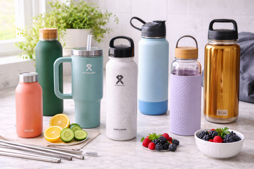Assortment of reusable water bottles displayed on a bright marble countertop, including stainless steel, insulated, and glass styles in various colors, surrounded by fresh fruit, stainless steel straws, and a potted plant in a clean, natural kitchen setting.